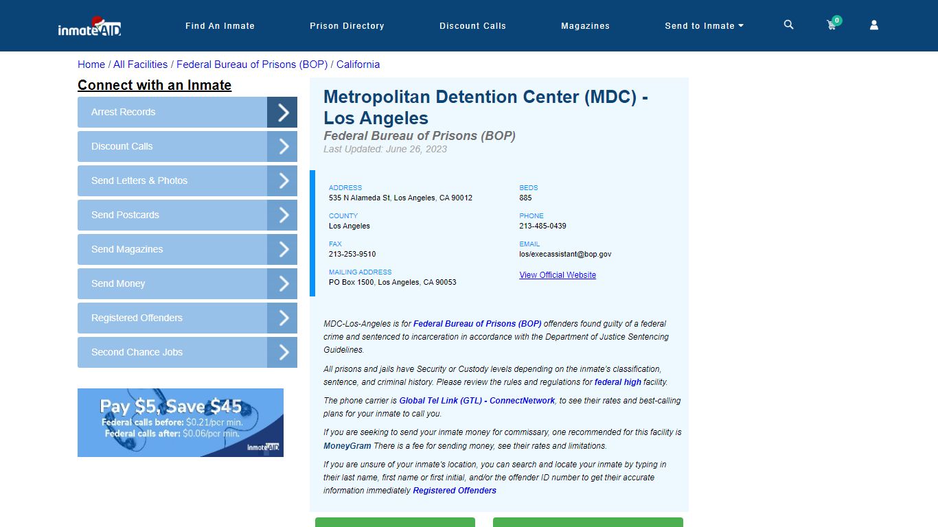 Metropolitan Detention Center (MDC) - Los Angeles - Federal Inmate ...